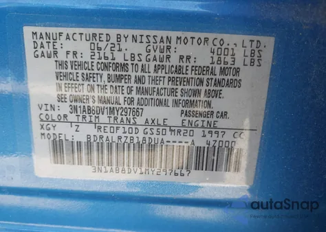 2021 Nissan Sentra Sr Xtronic Cvt from USA, damaged, VIN 3N1AB8DV1MY297667
